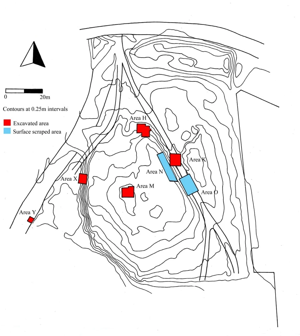 Contour plan of Boncuklu with red excavated areas, blue surface-scraped areas, a north arrow and a 20-metre scale.